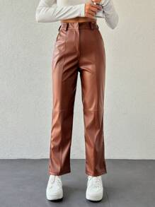 SHEIN Cottnline Women\ Solid Color Zipper Closure Long Pants - Camel - View 5