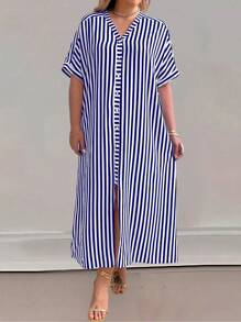 SHEIN LUNE 大尺碼女條紋 V 領高開衩連身裙 - 彩色 - 查看 5