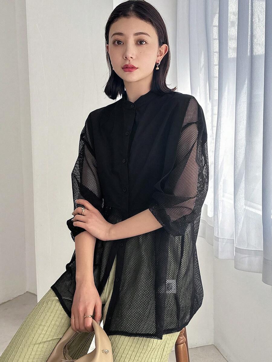 FRIFUL 女式休闲长袖衬衫，正面纽扣，网布拼接，透视 - 黑色 - 查看 1