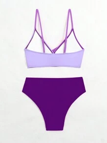 SHEIN Swim Women Summer Beach Color-Block Spaghetti Strap Bikini Set - Multicolor - View 3