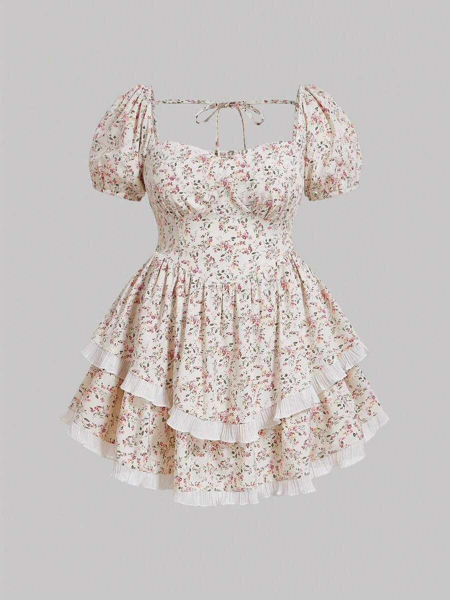 SHEIN MOD 大尺碼女士雙層荷葉邊花卉印花假日風格傘裙裙，適合夏季穿著 - 彩色 - 查看 1