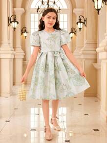 SHEIN Rochie Elegantă Fete Tween Cu Satin Brodat Și Flori