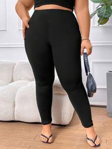 SHEIN CURVE+ Plus Size Solid Color Pleated Drawstring Pocket Leggings - Black - View 5