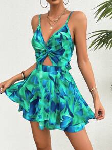 Breezaya 女士夏季扎染連身短褲，腰部空心設計，前面鈕扣 - 藍色 - 查看 3