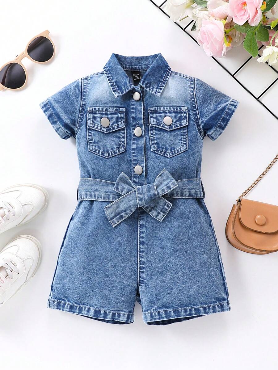 SHEIN Baby Girl Basic Casual Middle Blue Wash Water Belted Denim Romper - Blue - View 1