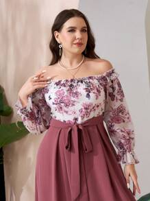 Modelyn Random Floral Printed Plus Size Off-Shoulder Long Sleeve Spring/Summer Dress Maxi Women Outfit Long Evening Dresses