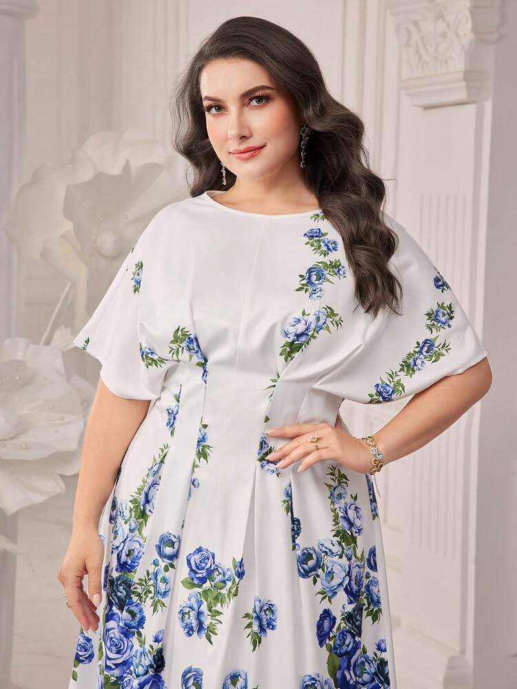 Plus Size Floral Print Pleated Batwing Sleeve Split Dress For Summer