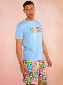 SHEIN X Care Bears Men Summer Cartoon Dreamy Dopamine Rainbow Bear Print Casual Loose Blue Short-Sleeved T-Shirt & Shorts Loungewear Two-Piece Set