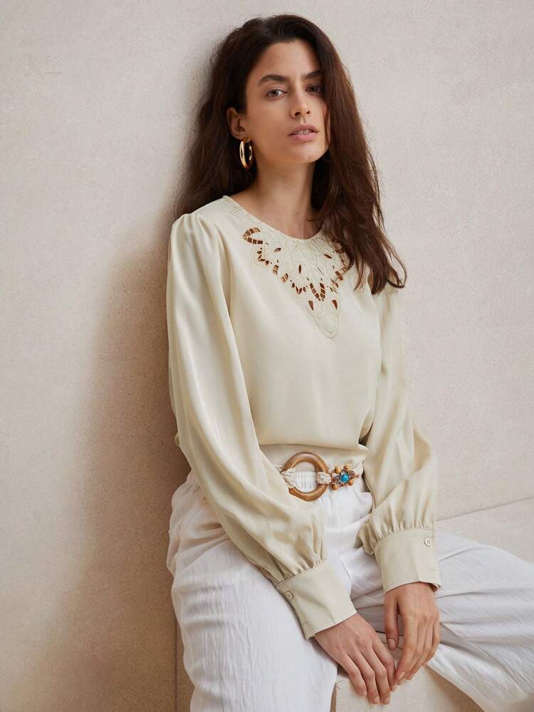 Elegant Reading Hollow Embroidery Women Beige Round Neck Fitted Shirt