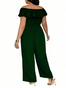 SHEIN Clasi Plus Size Women Summer Solid Color Ruffle Edge Jumpsuit With Off Shoulder, Pockets, And Wide Legs - Green - View 2