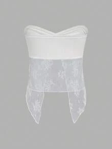 SHEIN LUNE Lace Patchwork Women Open Split Hem Twist Knot Bandeau Top - White - View 2