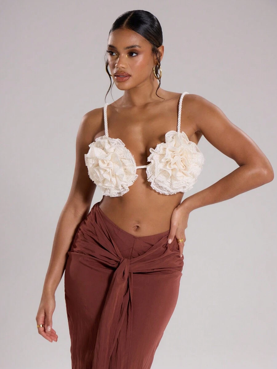 MUSERA Áo kiểu đi chơi, áo bralet thêu hoa móc len, áo hai dây, áo đi nghỉ mát, lễ hội Ibiza, mùa hè, mùa xuân, lễ Phục sinh, kỳ nghỉ. - Màu be - Xem 1