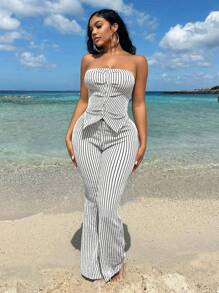 SHEIN SXY Mùa hè Quý cô Gợi cảm Kết cấu Màu xanh lá Ống ngọn Với nút & Quần loe Bộ - màu đen - Xem 6