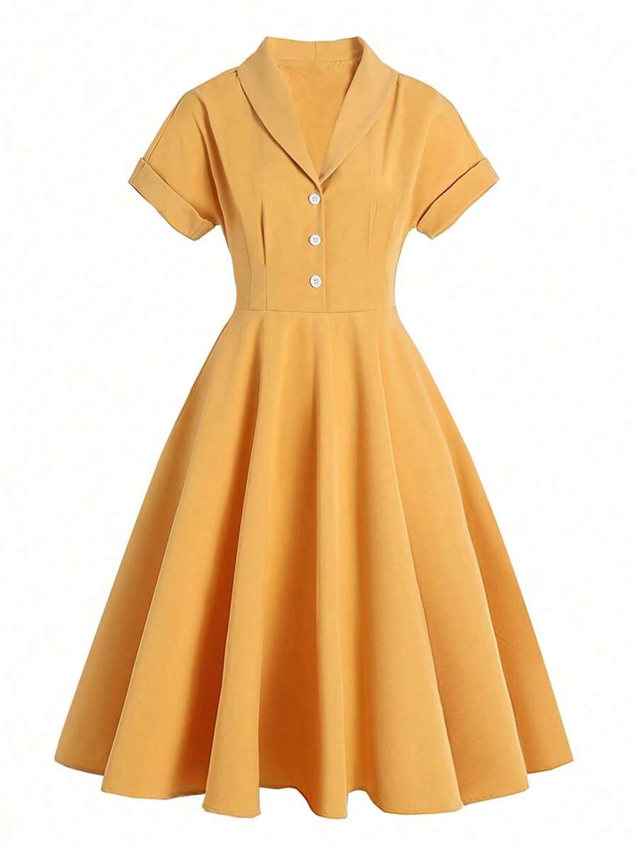 Celure Kích thước lớn Của phụ nữ Thu thập Eo & Xích đu Hem Đầm - Màu vàng - Xem 1