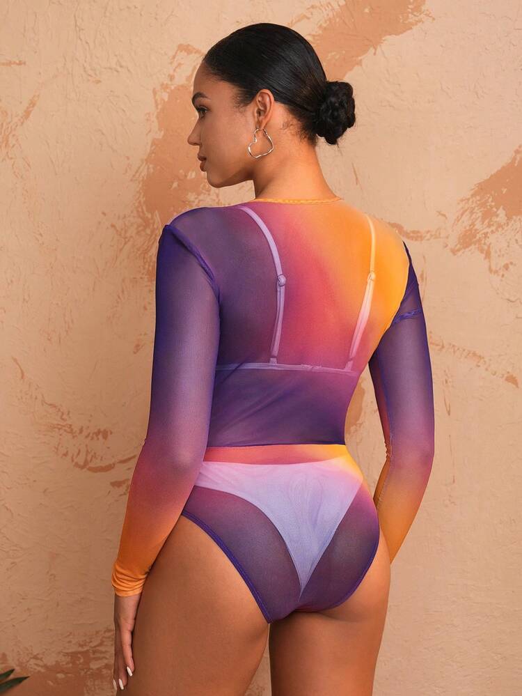 Designer Women See-Through Mesh Deep V Neck Printed Bodysuit, Women Bodysuit, For Holiday, Festival