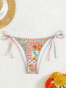 SHEIN Swim Summer Beach Random Printed Bikini Bottom Triangle Swimwear - Multicolor - View 3