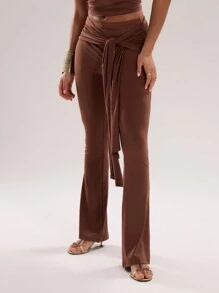 MUSERA Slinky Wrap Waist Fit Flare Trousers Elegant Summer Sexy Chic - Chocolate Brown - View 3