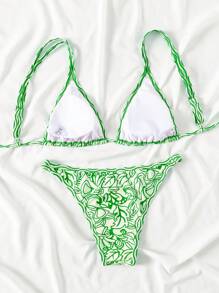 Swim Mod Summer Beach Women Green Simple Plants Printed Bikini Set - Green - View 2