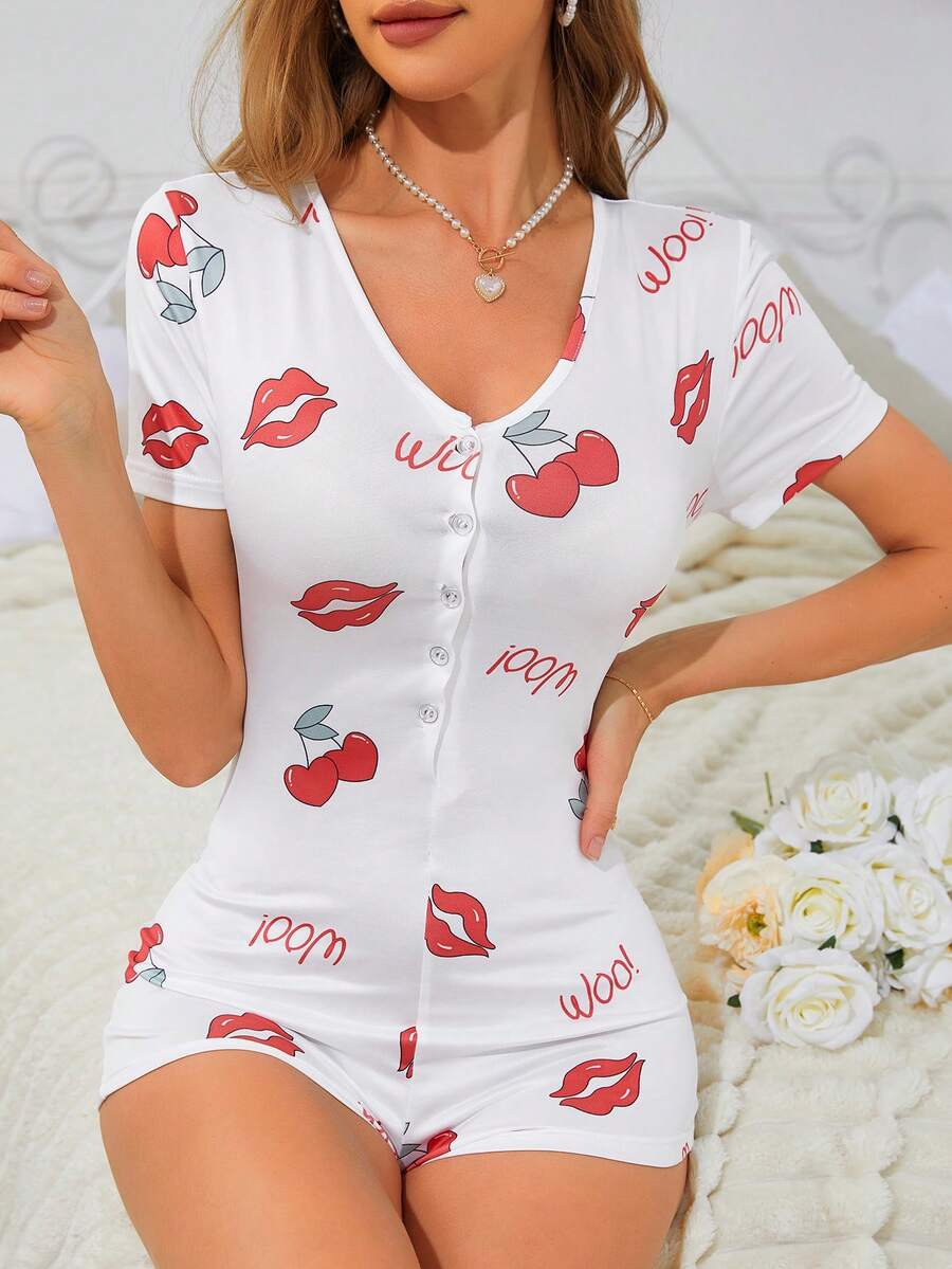 Ladies" One-Piece Casual Pajamas With Single Button And Letter Lip Print For Summer - Red and White - View 1