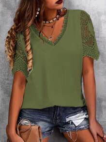 Plus Size Women Fashionable Versatile Summer Lace Panel T-Shirt Casual - Green - View 3