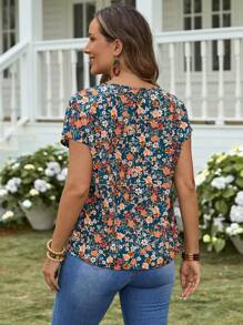 EMERY ROSE Women's Floral Print Round Neck Short Sleeve Casual Blouse
