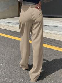 DAZY Women Solid Color Pleated Wide Leg Loose Regular Trousers,Women Dress Pants Fall - Khaki - View 2