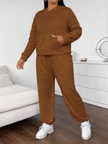 Maweii 大尺碼純色連帽運動衫和長褲套裝 - 棕色 - 查看 4