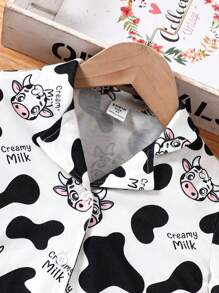 SHEIN Leap Crew Young Girl Cute Cow Pattern Shirt Collar Knitted Flame Retardant Summer Home Two-Piece Set - Black and White - View 3