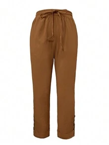 Women Pants Tombol Kolor Kantong Plain Casual - Coklat - View 3