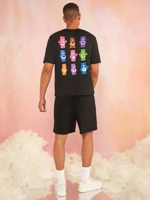 SHEIN X Care Bears Men's Summer Cartoon Dreamy Fun Dopamine Rainbow Care Bear Pattern Casual Loose Short-Sleeved T-Shirt - Black - View 4