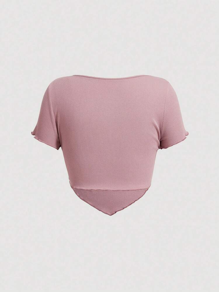 Plus Size Summer 3D Rose Flower & Ruffle Hem Decor Tight-Fitting Asymmetrical Bottom T-Shirt