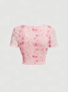 SHEIN MOD 女士粉色浪漫印花生菜边系带纽扣夏季 T 恤