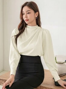 DAZY Women Solid Color Pleated Long Sleeve Shirt - Beige - View 1