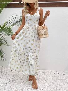 SHEIN VCAY 女士花卉印花荷叶边下摆吊带连衣裙 + 印花不对称下摆罩衫