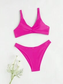 Tween Girl Summer Beach Twist Detail Wire Free Bikini Set - Hot Pink - View 1