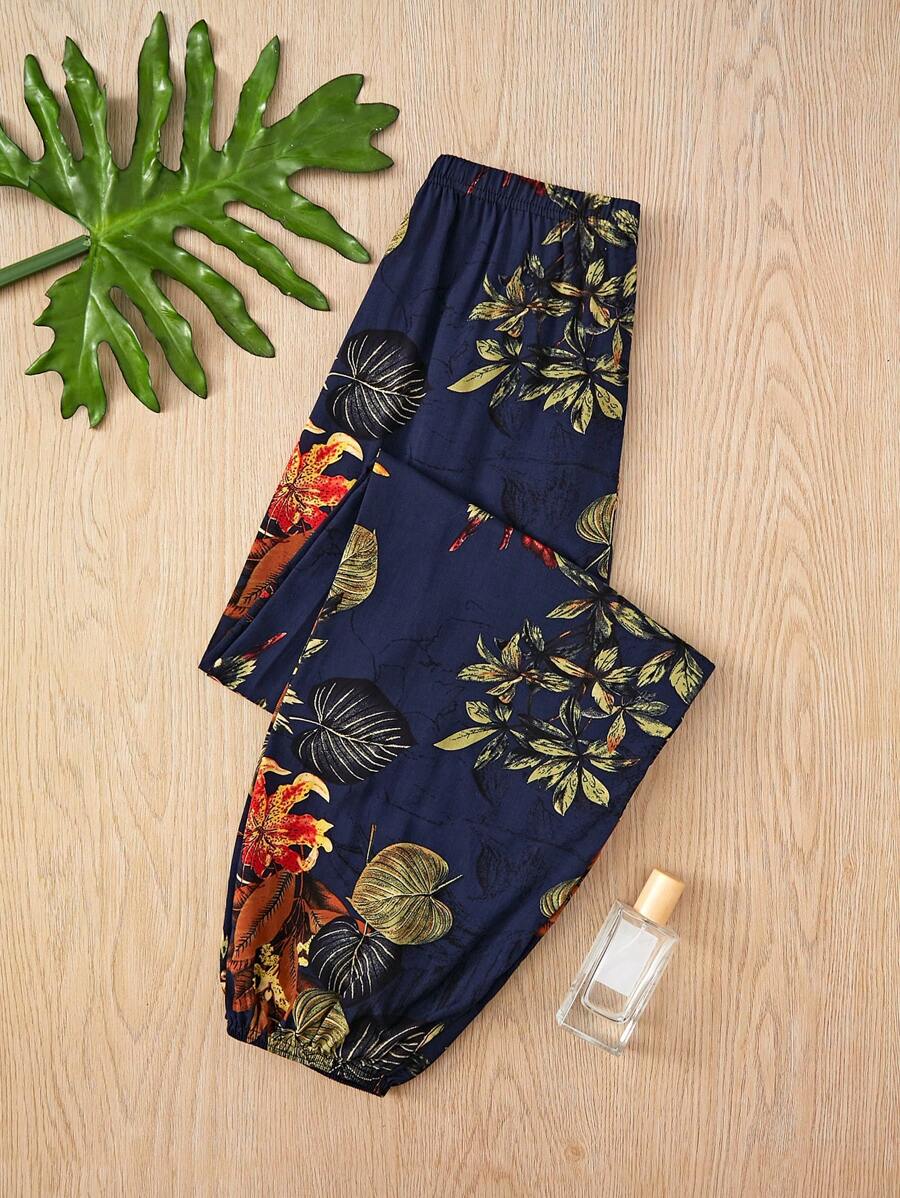 SHEIN Holidaya Women's Casual Vacation Botanical Print Drawstring Harem Pants Fall Cloth For Women - Navy Blue - View 1