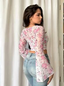 Firerie Floral Print Slim Fit Short Cropped T-Shirt With Bell Sleeves For Spring/Summer
