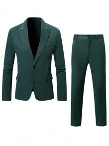 Manfinity Mode Men Business Single-Breasted Long Sleeve Suit Jacket And Pants Set For Travel - Green - View 6