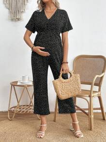 SHEIN Polka Dot Print V-Neck Maternity Jumpsuit With Cinching Waist, Spring/Summer Version. - Black - View 3