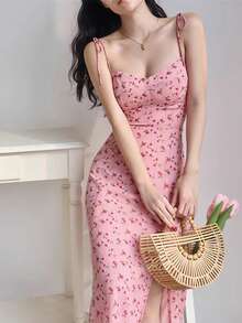 Summer Casual Ditsy Floral V-Neck Sleeveless A-Line Dress With Side Slit - Pink - View 6