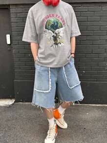 DAZY 夏季男士休閒短袖T卹，字母和鴿子印花設計 - 灰色 - 查看 6