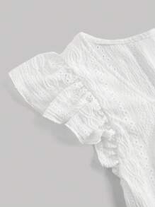 SHEIN MOD 夏季加大码白色镂空提花浪漫荷叶袖抽绳T恤 - 白色 - 查看 4
