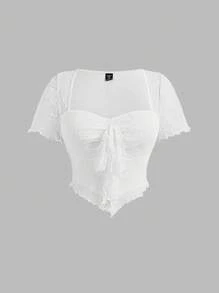 SHEIN MOD Kích thước lớn NỮ Trắng Ngắn tay Textured Chất vải Tie Trước Áo thun Cho mùa hè - trắng - Xem 1