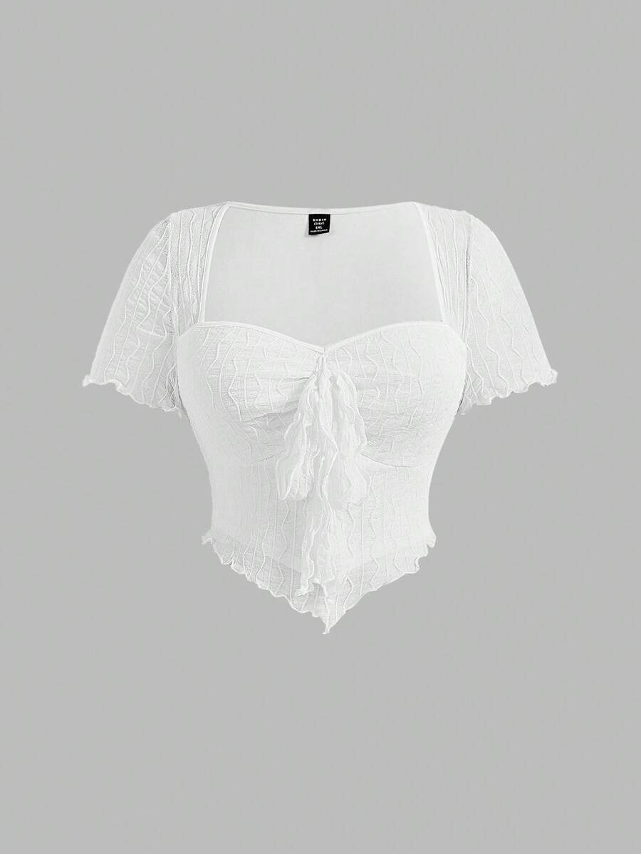 SHEIN MOD Kích thước lớn NỮ Trắng Ngắn tay Textured Chất vải Tie Trước Áo thun Cho mùa hè - trắng - Xem 1