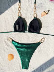 Swim SXY Summer Beach Women Vacation Rhinestone-Studded Circular Ring Connection Halter Strap Bikini Set - Dark Green - View 4