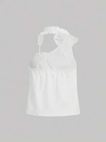 SHEIN LUNE 女士夏季純色3D花裝飾綁頸上衣 - 白色 - 查看 2