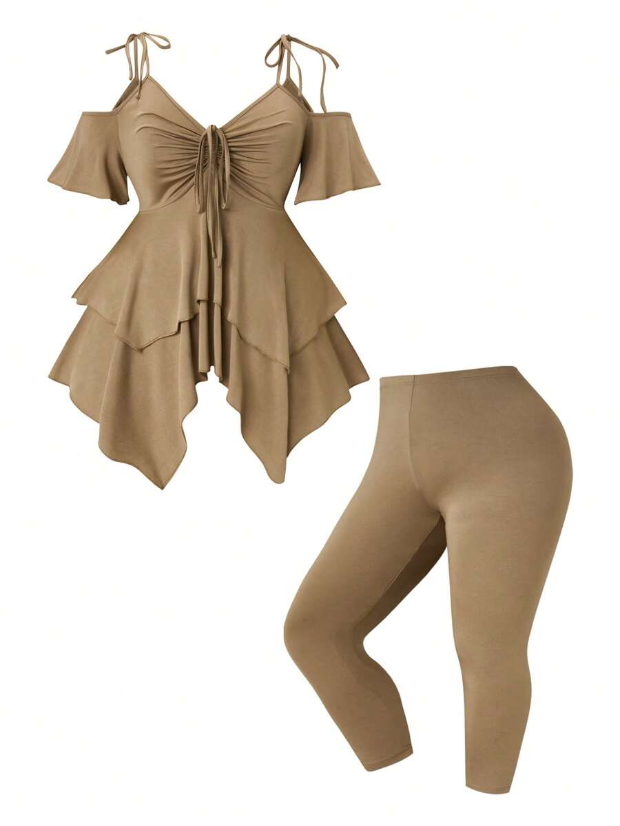 SHEIN Clasi Plus Size Fashionable Cut Top And Pants Two-Piece Set - Khaki - View 1