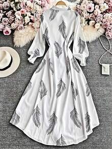 女士度假热带植物印花长款连衣裙搭配单排扣衬衫裙，春夏新品 - 白色 - 查看 2