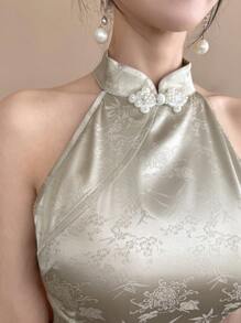 EastFlair New Chinese Style Stand Collar Jacquard Satin Sleeveless Stand Collar Cheongsam Dress - White - View 5