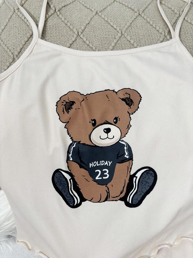 Teen Girls' Cute Bear Pattern Cami Wide Leg Pants Lounge Set